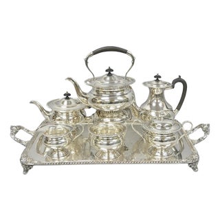 Vintage English Sheffield Edwardian Silver Plated Tea Set W/ Tilting Pot 7 PCS For Sale