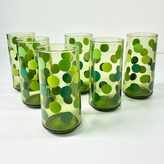 Mid 20th Century Boho Chic Modern Olive Polka Dot Tumbler Glassware - Set of 6. For Sale - Image 6 of 14