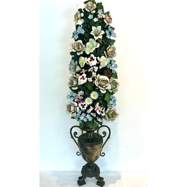 French Antique Tole Metal Flower Arrangements, Pair For Sale - Image 3 of 7