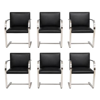 Mies Van Der Rohe Knoll Black Leather Chrome Brno Dining Chairs - Set of 6 For Sale
