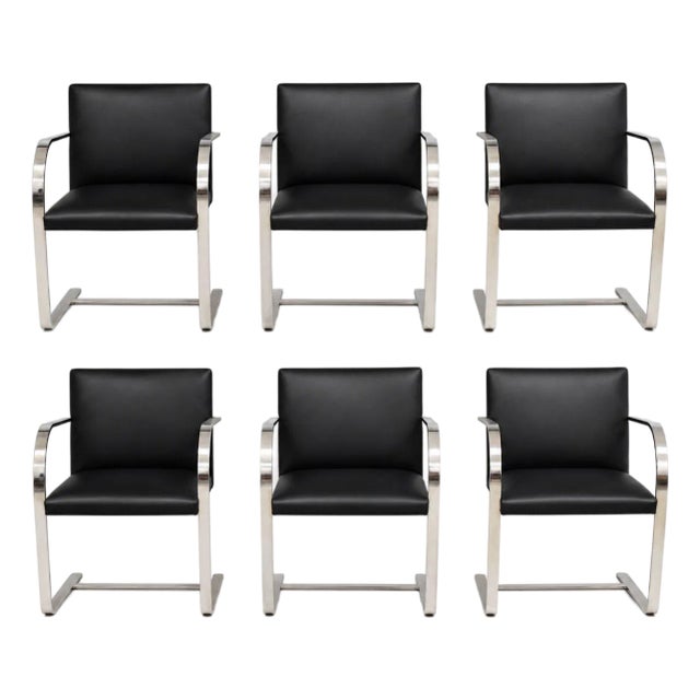 Mies Van Der Rohe Knoll Black Leather Chrome Brno Dining Chairs - Set of 6 For Sale