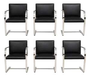 Mies Van Der Rohe Knoll Black Leather Chrome Brno Dining Chairs - Set of 6