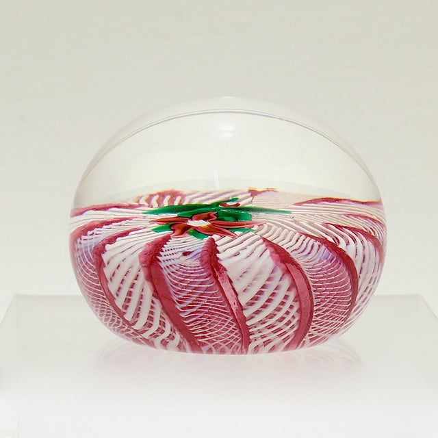 Pink Paul Ysart Poinsettia on a Pink & White Latticino Ground Glass Paperweight For Sale - Image 8 of 10
