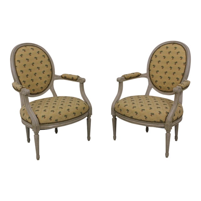 Pair French Louis XVI Palm Tree Upholstered Open Armchairs For Sale