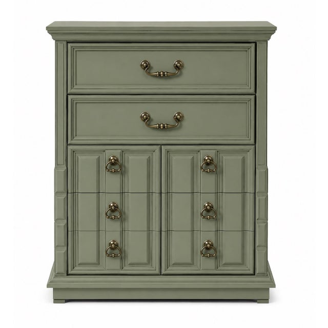 Vintage 70” Solid Wood Dresser & Mirror – Old Chapel Sagewood™ Finish – Olive Sage Green Designer Refinished Bedroom Piece For Sale - Image 10 of 11