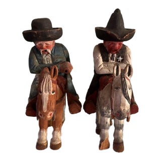 Early 20th Century Hand Carved Painted Old West Cowboys and Horses Pair For Sale