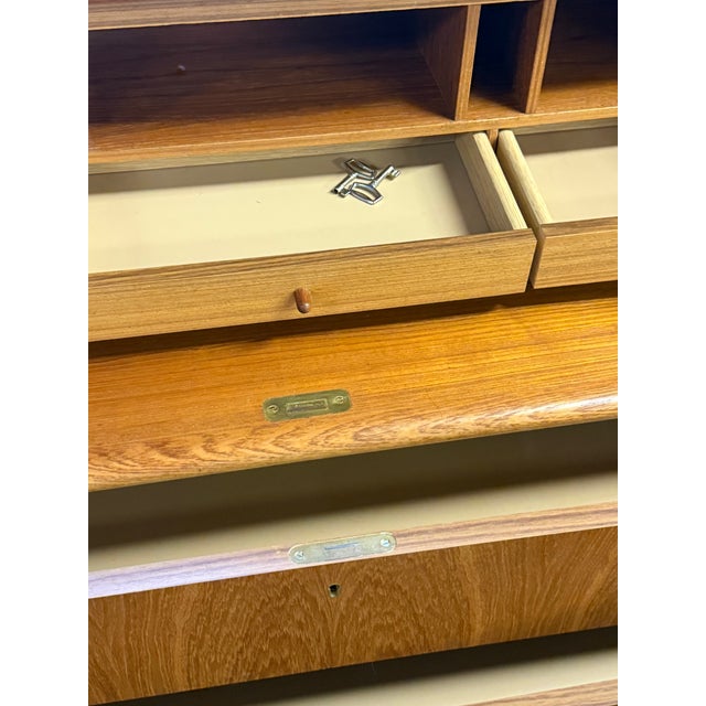 Brown 1960s MCM Danish Teak Roll Top Desk With Original Keys For Sale - Image 8 of 8