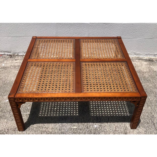 Vintage Mid Century Cane & Glass Wood Fretwork Coffee Table For Sale - Image 4 of 12