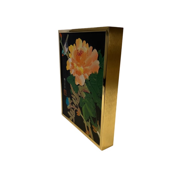 1970s Original Traditional Chinese "Flower and Bird" Oil Painting in a Modern Brass Frame For Sale - Image 5 of 16