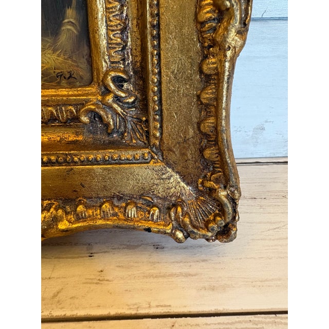 Vintage Miniature Rooster & Hens Oil Painting in Ornate Gilt-Style Frame For Sale - Image 11 of 12
