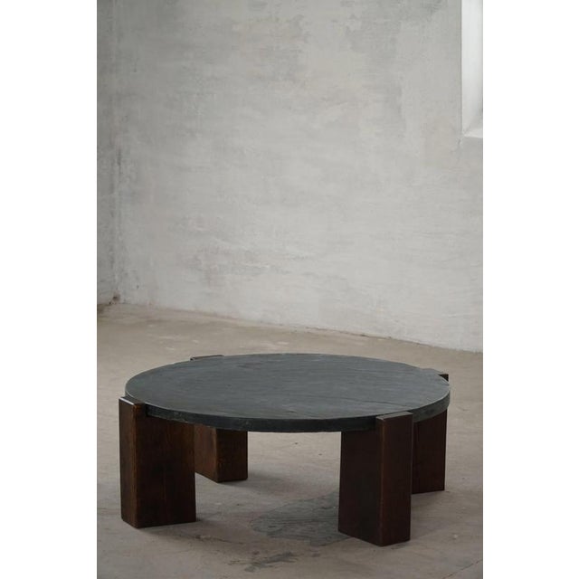 Brutalist French Round Coffee Table in Oak and Slate, 1970s For Sale - Image 16 of 17