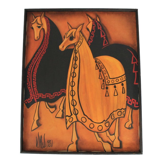 1980's Framed Painting With Adorned Horses For Sale