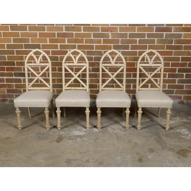 Early 20th Century Early 20th Century Set of Four Gothic Revival English Bleached Oak Dining Chairs with Arched Backs For Sale - Image 5 of 12