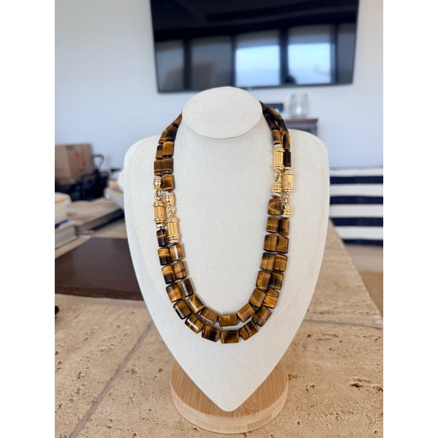 1980s Italian 14k Gold Tiger’s Eye Diamond Sautoir Necklace For Sale - Image 14 of 15