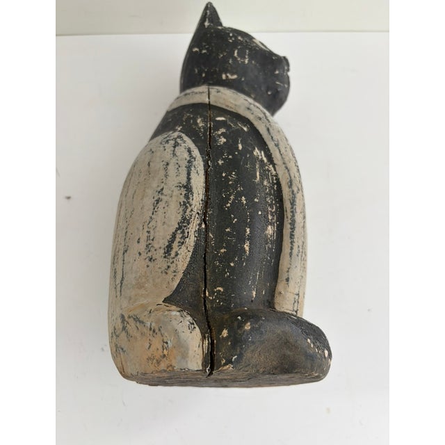 Vintage Folk Art Hand-Carved Wooden Cat Sculpture – Black & White Primitive For Sale - Image 10 of 11