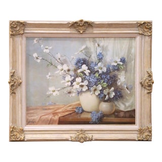 Floral Still Life Giclee With Dogwood Blossoms & Blue Hydrangeas by A. D. Greer For Sale