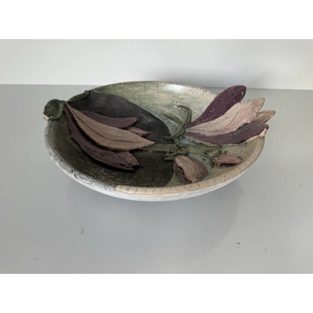 Vintage Handcrafted Art Pottery Bowl With Floral Relief Design For Sale - Image 4 of 12