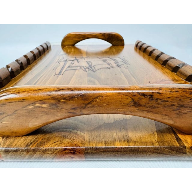 1970s Vintage Handcrafted Wood Bar Tray With Pyrography Sailing Ship For Sale - Image 5 of 8