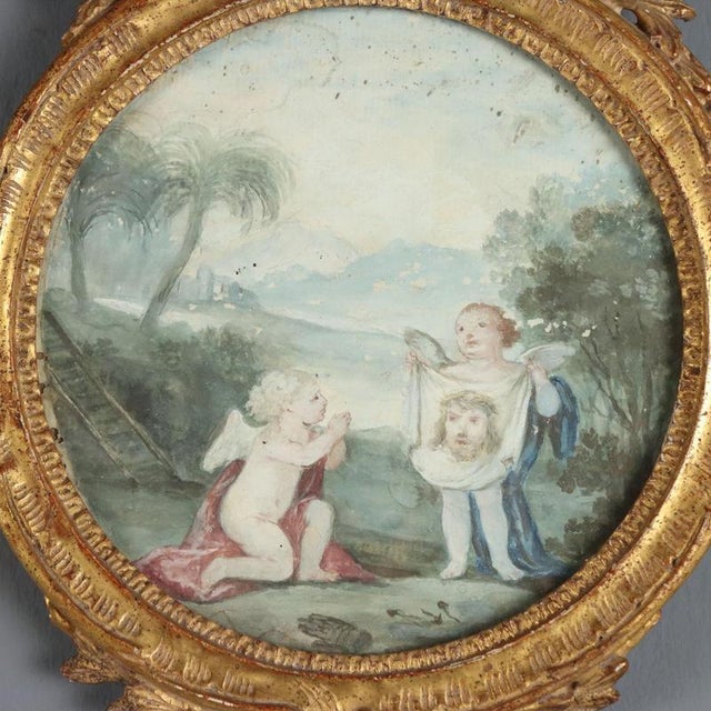 Cherubs and Symbols of the Passion, 18th Century, Oil Paintings on Paper, Framed, Set of 2 For Sale - Image 3 of 12