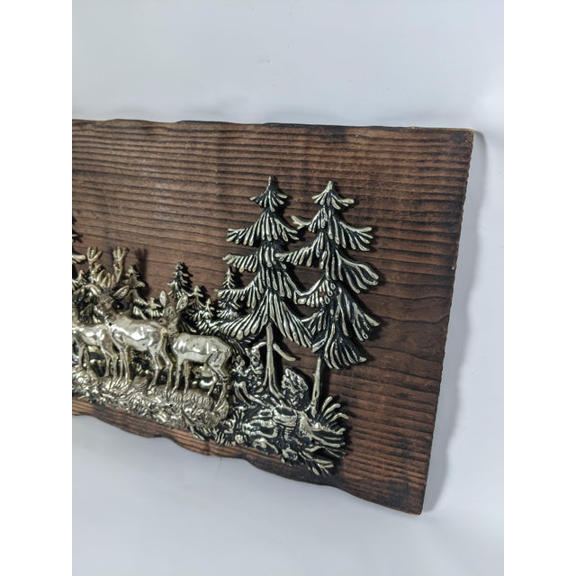 Late 20th Century Vintage Silver-Tone Deer Woodland Relief Plaque on Rustic Wood, 13" For Sale - Image 5 of 12