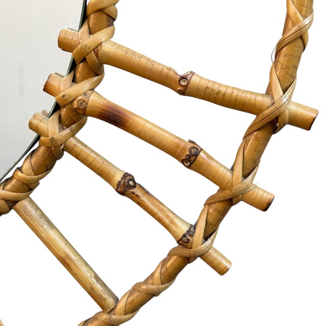 1950s Vintage French Round Rattan Mirror, 1950s For Sale - Image 5 of 7