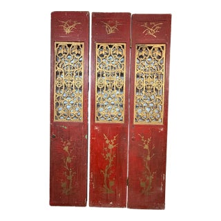 Antique Chinese Carved Gilt and Red Lacquer Panels, Set of 3 For Sale