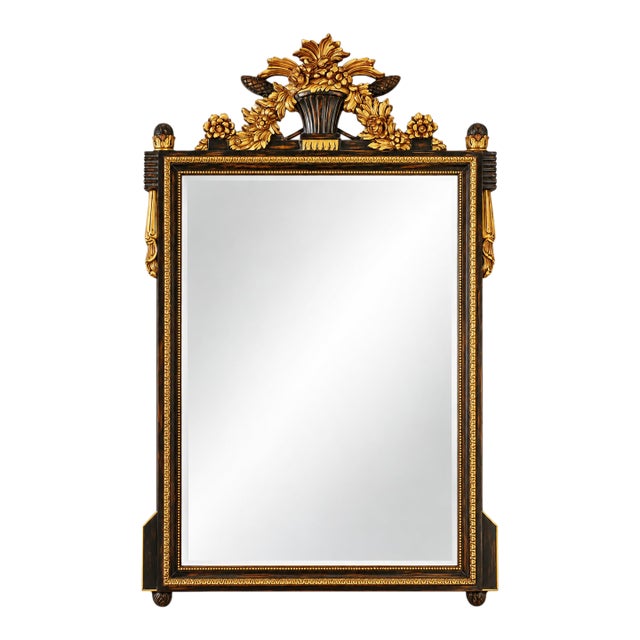 Italian Hand-Carved Black Lacquer & 24k Gold Leaf Wall Mirror For Sale