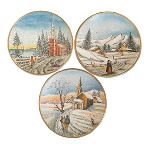 Set of 3 Vincente Tiziano Italian Art Pottery Christmas Winter Wall Plates (1975-1977)