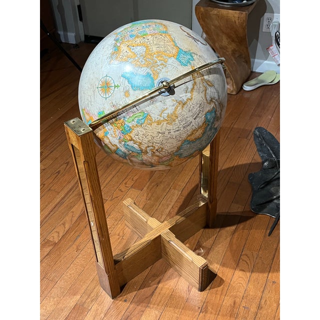 1960s Mid Century Modern 16 Inch Replogle “World Classic” Full-Swing Meridian Gimbel-Mounted Floor Globe on Architectural Solid Oak Cross-Base Stand For Sale - Image 12 of 12