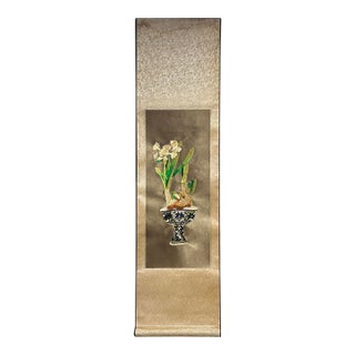 Chinese Daffodil Flower Vase Embroidery Scroll Painting Wall Art For Sale