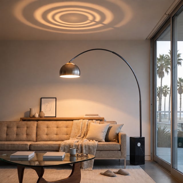 Mid-Century Modern Iconic 92" Arc Floor Lamp, Mid-Century Modern, Black Nickel, Satin Nickel Shade, Black Marble Base For Sale - Image 3 of 7