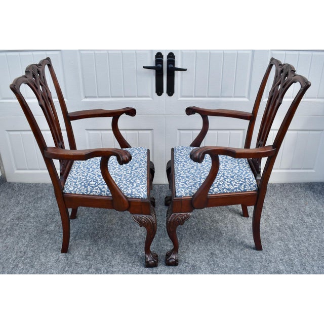 Antique Pair Mahogany Armchairs Chippendale Style Carved Ball Claw Foot Dining For Sale - Image 10 of 18