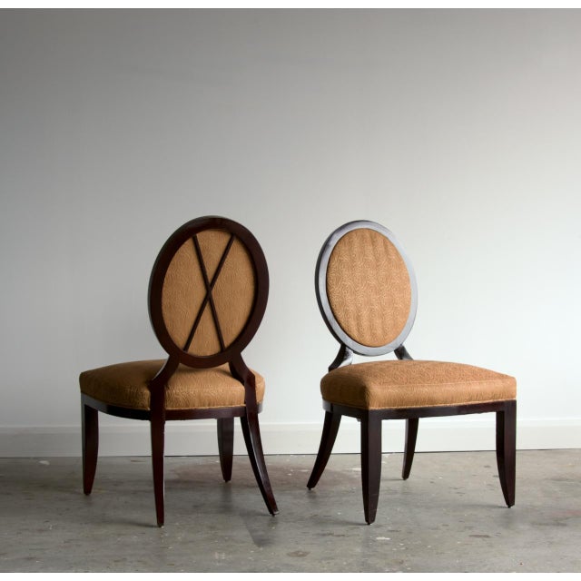 Hollywood Regency Pair of Barbara Barry for Baker Oval X-Back Side Chairs With Umber Gold Floral Fabric, Late 20th Century For Sale - Image 3 of 8