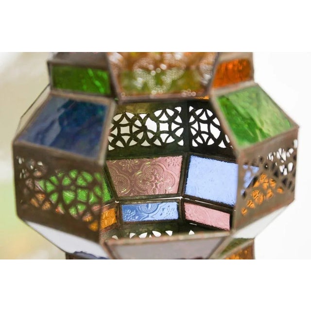 Handcrafted Moroccan Metal and Multi-Color Glass Lantern Octagonal Diamond Shape For Sale - Image 9 of 13