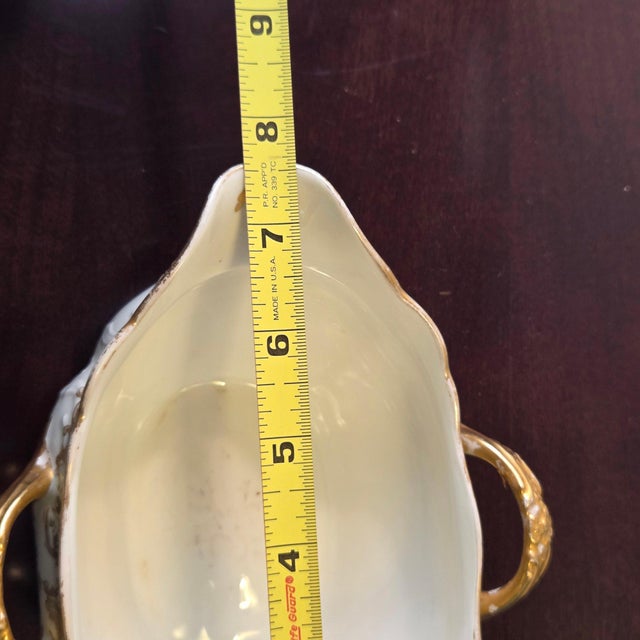Antique Elite Works Limoges Two-Handled Gravy Boat - Celadon Dots and Gilded Scrolls For Sale - Image 16 of 17