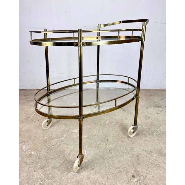 Mid 20th Century Modern / Hollywood Regency Brass Two-Tier Oval Bar Cart / Tea Cart For Sale - Image 9 of 12