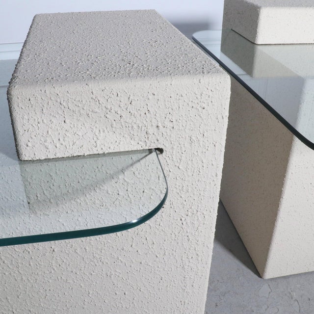 Postmodern Post Modern Textured Plaster and Cantilevered Glass Side Tables - a Pair For Sale - Image 3 of 8