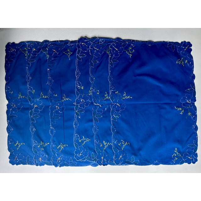 Vintage Set of 6 Royal Blue & White Floral Madeira Cotton Placements For Sale - Image 13 of 15