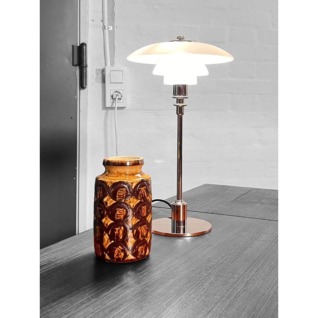 Danish studio ceramic vase by bente jensen for bj keramik. a compact and highly decorative vase with a strongly textured...