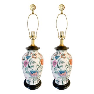Vintage Chinoiserie Famille Rose Porcelain Table Lamps With Brass Shou Finials - a Pair For Sale