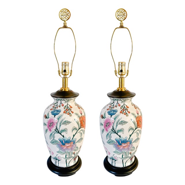 Vintage Chinoiserie Famille Rose Porcelain Table Lamps With Brass Shou Finials - a Pair For Sale