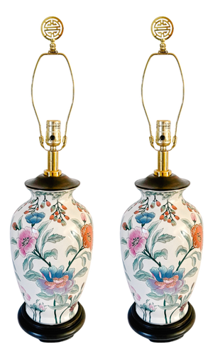 Vintage Chinoiserie Famille Rose Porcelain Table Lamps With Brass Shou Finials - a Pair