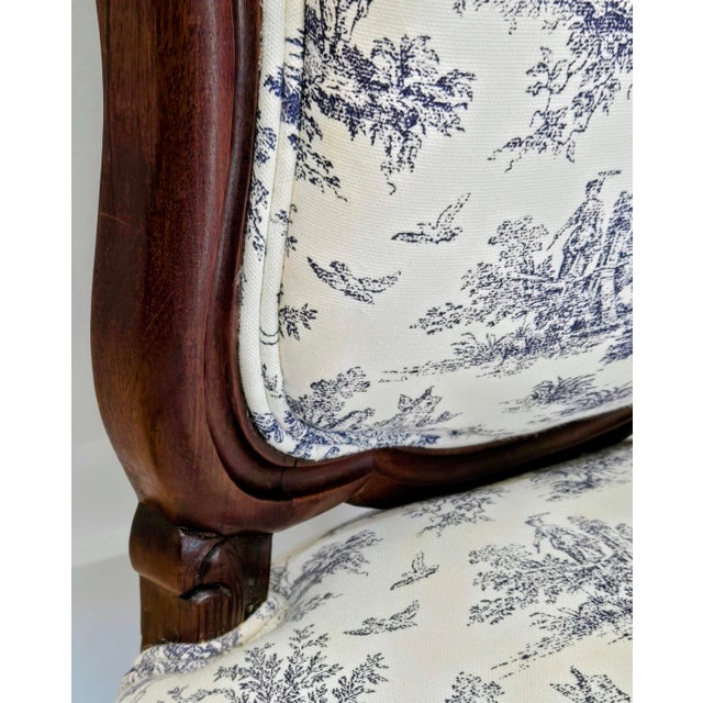 Vintage French Country Carved Walnut Toile De Jouy Upholstered Accent Chair For Sale - Image 9 of 12