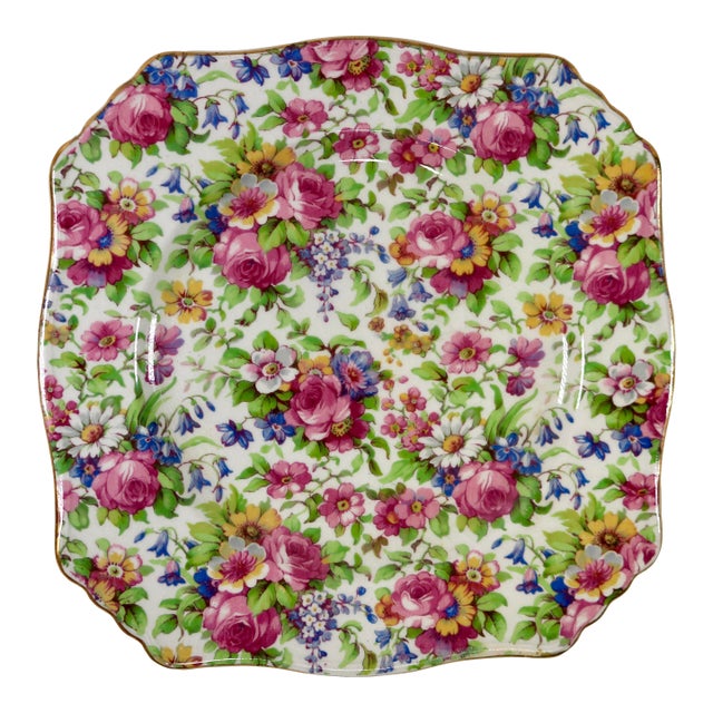 Vintage 1940s Royal Winton "Summertime" Square Chintz Dessert Plate For Sale