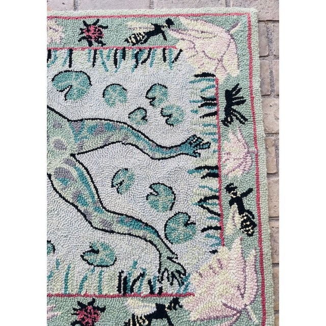 Late 20th Century Hooked Wool Folk Art Tapestry With Frog, Lilly Pads and Insects For Sale In Raleigh - Image 6 of 11