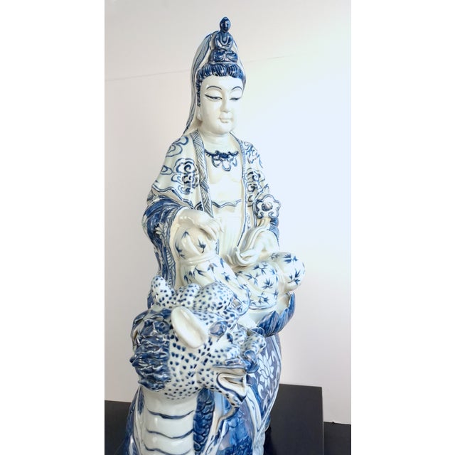 Chinese Blue and White Porcelain Seated Kuan Yin on a Qilin For Sale - Image 9 of 15