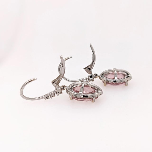 Metal 2.5Ct Morganite Diamond Drop Earrings: Solid 14k White Gold, Oval 8x6mm, Pair For Sale - Image 7 of 7