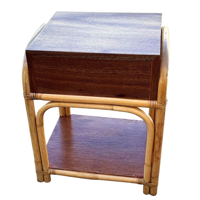1950s 1950s Restored Rare Modernist Mahogany Nightstand W/ Arched Rattan Sides For Sale - Image 5 of 5