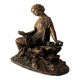Antique Victorian Neoclassic Gilted Spelter Figure of Reading Woman For Sale