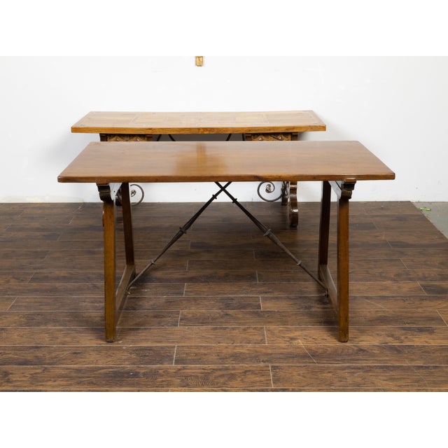 19th Century French 19th Century Walnut Console Table with Trestle Base and Iron Stretchers For Sale - Image 5 of 12